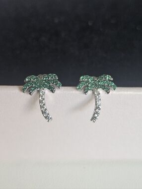 925 Sterling Silver Palm Tree CZ Pushback Stud Earrings